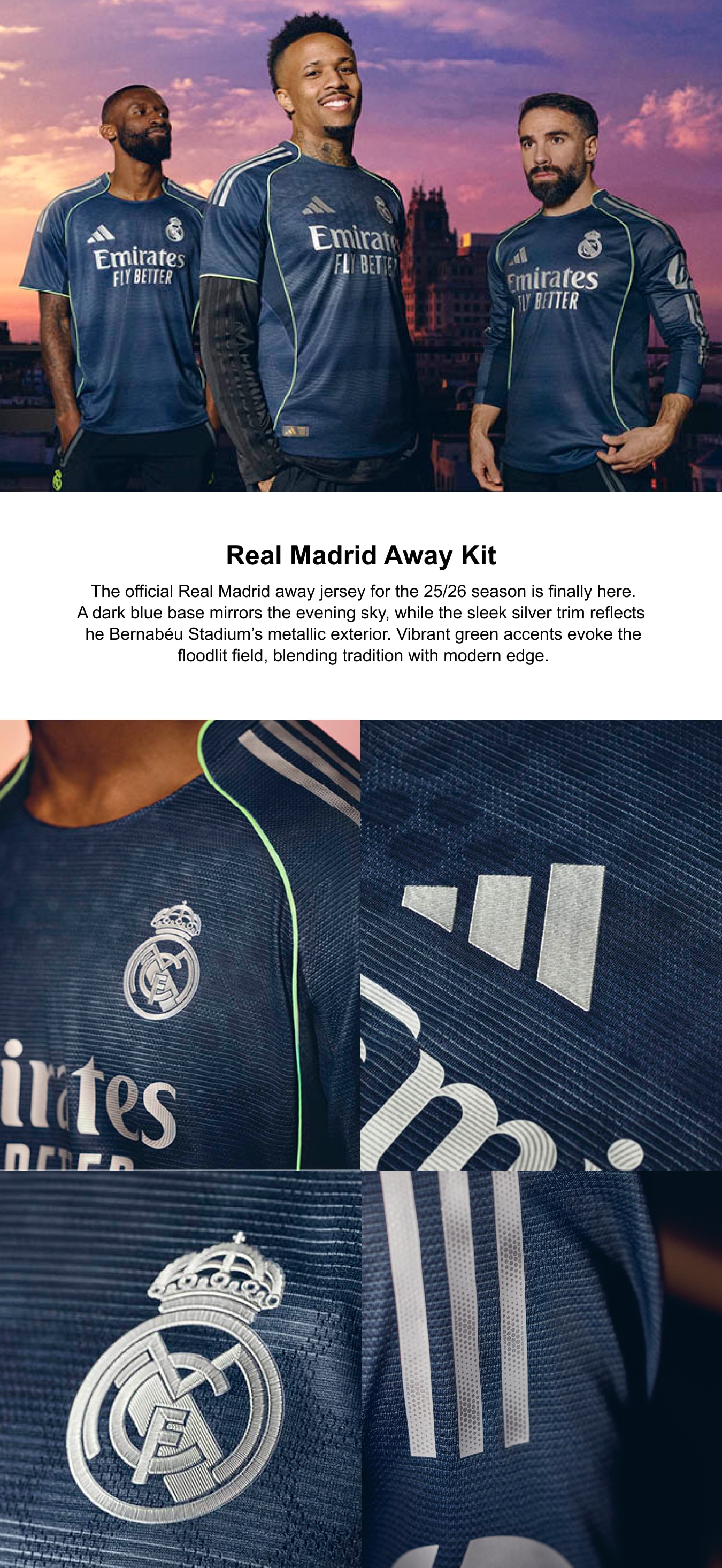 Real Madrid adidas Away Youthkit 2025-26 with Vini Jr. 7 printing